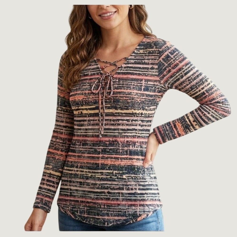 David Cline XS Lace Up V-Neck Burnout Stripe Long Sleeve Top Pink Black Multi